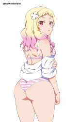 Rule 34 | 1girl, absurdres, ass, blonde hair, blush, bow, box wonderland, bra, braid, butt crack, flower, from behind, gradient hair, hair bow, hair flower, hair ornament, highres, looking back, love live!, love live! superstar!!, multicolored hair, onitsuka natsumi, open mouth, panties, pink hair, shirt, shirt down, standing, striped bra, striped clothes, striped panties, underwear, white shirt