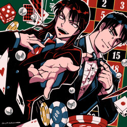 Rule 34 | 2boys, ace (playing card), ace of hearts, ace of spades, adjusting bowtie, artist name, black bow, black bowtie, black eyes, black hair, black jacket, bow, bowtie, buttons, card, closed mouth, collared shirt, commentary, dated, dice, dutch angle, earrings, formal, heart, highres, ichijou seiya, jacket, jewelry, kaiji, long hair, looking at viewer, male focus, medium bangs, multiple boys, murakami tamotsu, necktie, open mouth, pachinko ball, playing card, poker chip, reaching, reaching towards viewer, red hair, red necktie, roulette table, shirt, short hair, smile, spade (shape), suit, table, unknown03162, upper body, white shirt