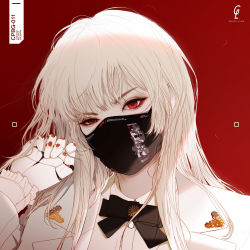 Rule 34 | 1girl, absurdres, covered mouth, highres, jacket, long hair, looking at viewer, mask, mechanical arms, mouth mask, open clothes, open jacket, original, park junkyu, portrait, red background, red eyes, shirt, solo, white hair, white jacket, white shirt