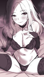 1girl blush breasts bridal_gauntlets cleavage deras earrings forehead gakuen_idolmaster hand_on_own_chest highres idolmaster jewelry juo_sena large_breasts long_hair looking_at_viewer monochrome navel smile solo sweat thighhighs underwear underwear_only