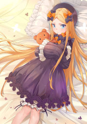 Rule 34 | 1girl, abigail williams (fate), absurdres, bed sheet, black bow, black dress, black hat, blonde hair, bloomers, blue eyes, blush, bow, bug, butterfly, closed mouth, commentary request, dress, fate/grand order, fate (series), frilled pillow, frills, hair bow, hat, highres, hugging object, insect, long hair, long sleeves, looking at viewer, lying, on back, orange bow, parted bangs, pillow, polka dot, polka dot bow, sleeves past fingers, sleeves past wrists, solo, stuffed animal, stuffed toy, teddy bear, trer (maisuko), underwear, very long hair, white bloomers