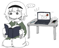 Rule 34 | !, ..., 1girl, @ @, black hairband, book, buttons, card, cellphone, closed mouth, collared shirt, computer, dress, green eyes, green shirt, hair between eyes, hair ornament, hairband, highres, holding, holding book, incoming call, laptop, limited palette, long sleeves, no sclera, open book, original, pale skin, pen, phone, seiza, shirt, short hair, simple background, sitting, smartphone, solo, speech bubble, spoken ellipsis, table, torosakana, white background, white dress, white hair