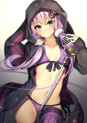 Rule 34 | 1girl, animal hood, bad id, bad pixiv id, bikini, blurry, blush, breasts, cable, chromatic aberration, collarbone, commentary request, cowboy shot, depth of field, front-tie bikini top, front-tie top, gluteal fold, gradient background, grin, hair ornament, head tilt, highres, holding, holding microphone, hood, hood up, hooded jacket, jacket, jacket over swimsuit, long hair, long sleeves, looking at viewer, microphone, microphone stand, navel, purple bikini, purple eyes, purple hair, purple thighhighs, rabbit hood, rerrere, short hair with long locks, side-tie bikini bottom, sidelocks, small breasts, smile, solo, standing, swimsuit, thighhighs, vocaloid, voiceroid, yuzuki yukari