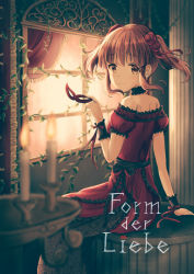 Rule 34 | 1girl, arm support, brown eyes, brown hair, candle, choker, dress, fire, floating hair, flower, from side, hair flower, hair ornament, hair ribbon, holding, holding mask, idolmaster, idolmaster cinderella girls, indoors, kuensan, lolita fashion, looking at viewer, mask, masque:rade, ogata chieri, red dress, red flower, red ribbon, red rose, ribbon, rose, short hair, short sleeves, sidelocks, sitting, smile, solo, twintails, window, wrist cuffs