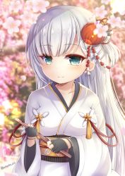 Rule 34 | 1girl, azur lane, black gloves, blurry, blurry background, blush, breasts, closed mouth, collarbone, commentary request, depth of field, gloves, green eyes, hair ornament, highres, holding, japanese clothes, kimono, long hair, long sleeves, looking at viewer, medium breasts, mole, mole under eye, obi, partially fingerless gloves, sash, shoukaku (azur lane), silver hair, smile, solo, twitter username, very long hair, white kimono, wide sleeves, yukiyuki 441