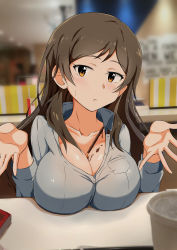 Rule 34 | 1girl, absurdres, between breasts, blurry, blush, breast rest, breasts, brown eyes, brown hair, cleavage, commentary request, depth of field, food, highres, idolmaster, idolmaster million live!, j yak47, kitazawa shiho, large breasts, long hair, melting, outstretched hand, pocky, solo, sweatdrop