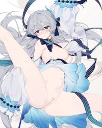 Rule 34 | 1girl, absurdres, airseal, arknights, black eyes, black ribbon, blush, bottomless, breasts, censored, cleft of venus, colored pubic hair, detached collar, detached sleeves, female pubic hair, grey hair, hair ribbon, highres, long hair, long sleeves, looking at viewer, medium breasts, mosaic censoring, mulberry (arknights), mulberry (reflection that of the moons) (arknights), navel, nipples, official alternate costume, parted lips, pubic hair, pussy, ribbon, see-through, sleeves past wrists, solo, spread legs, stomach, very long hair, wide sleeves