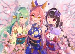 Rule 34 | 3girls, animal ear fluff, animal ears, blue bow, blue kimono, blush, bow, breasts, brown hair, cellphone, dragon horns, fate/extra, fate/grand order, fate (series), floral print, fox ears, fox girl, fox tail, green hair, hair between eyes, hair bow, hairband, horns, iincho (airi8751), japanese clothes, kimono, kiyohime (fate), large breasts, long hair, looking at viewer, multiple girls, multiple horns, new year, obi, open mouth, osakabehime (fate), phone, pink hair, pink kimono, purple eyes, sash, selfie, sidelocks, smile, tail, tamamo (fate), tamamo no mae (fate/extra), twintails, very long hair, wide sleeves, yellow eyes, yellow kimono