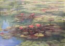Rule 34 | flower, flower focus, highres, lily pad, nature, no humans, norako pastel, original, painting (medium), plant, plant focus, pond, red flower, reflection, reflective water, sunlight, traditional media, water