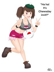 Rule 34 | 1girl, absurdres, bag, boots, breasts, brown footwear, brown hair, cleavage, collarbone, creatures (company), crop top, game freak, gloria (pokemon), grey shirt, handbag, hat, highres, medium breasts, meme, midriff, navel, nintendo, one side up, open mouth, pink shorts, poke ball, pokemon, pokemon swsh, red eyes, shirt, short hair, shorts, smile, syas-nomis, thick thighs, thighs, v