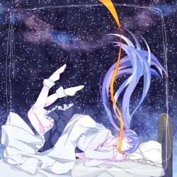 Rule 34 | 1girl, bed, black dress, blue hair, border, closed eyes, commentary request, covering with blanket, dress, floating hair, hatsune miku, night, ribbon, shirt, sleeping, socks, star (sky), twintails, vocaloid, white shirt, white socks, yellow ribbon