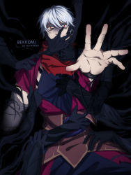 Rule 34 | 1boy, absurdres, alternate costume, arm up, artist name, bandaged arm, bandages, bekkomi, black gloves, black nails, black pants, black skin, colored skin, commentary, english commentary, gloves, grabbing, grey hair, hair between eyes, hand on another&#039;s mouth, hand up, highres, league of legends, looking at viewer, male focus, multiple others, nail polish, pants, red eyes, red scarf, scarf, short hair, short sleeves, torn clothes, torn scarf, zed (league of legends)