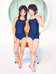 Rule 34 | 2girls, bare legs, barefoot, blue one-piece swimsuit, breasts, brown eyes, brown hair, chair, closed mouth, desk, feet, female focus, full body, fumichika mori, hand on own thigh, lips, looking at viewer, medium hair, multiple girls, one-piece swimsuit, original, school chair, school desk, school swimsuit, short hair, small breasts, smile, standing, swimsuit, teeth, thighs, toes