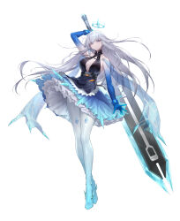 Rule 34 | absurdres, center opening, claymore (sword), crown, expressionless, floating crown, frilled straps, full body, gradient footwear, gradient skin, greatsword, grey hair, hand up, highres, holding, holding sword, holding weapon, ice, long hair, meryl (tower of fantasy), metal belt, official art, shanyao jiang tororo, solo, standing, sword, tachi-e, tower of fantasy, weapon, weapon behind back