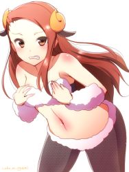 Rule 34 | 1girl, brown eyes, brown hair, detached sleeves, fishnet pantyhose, fishnets, flat chest, horns, idolmaster, idolmaster (classic), long hair, looking at viewer, minase iori, navel, ookami maito, pantyhose, simple background, solo, strapless, white background