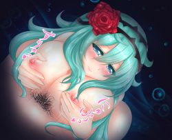 Rule 34 | 1boy, 1girl, armpits, blue eyes, blush, bouncing breasts, breasts, censored, flower, green hair, hair flower, hair ornament, hand on own chest, hetero, highres, large breasts, long hair, looking at viewer, mary skelter, masturbation, momijizuki luna, nipples, nude, penis, pov, sex, shiny skin, sleeping beauty (mary skelter), text focus