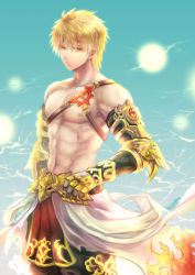 Rule 34 | 1boy, abs, armor, artist name, belt, black gloves, blonde hair, blue background, brown pants, cape, chest harness, closed mouth, collarbone, commentary request, cowboy shot, elbow gloves, eyes visible through hair, flame print, gauntlets, gloves, gold armor, hair between eyes, harness, lightning, loincloth, looking at viewer, male focus, misuguu, muscular, muscular male, ornate, pants, ragnarok online, red eyes, short hair, signature, solo, standing, sura (ragnarok online), topless male, torn cape, torn clothes, waist cape, white cape