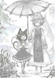 Rule 34 | 2girls, animal ears, cat ears, cat tail, chen, earrings, fox tail, greyscale, hat, jewelry, lowres, monochrome, multiple girls, multiple tails, rain, smile, tail, touhou, two tails, umbrella, yakumo ran, yt (wai-tei)