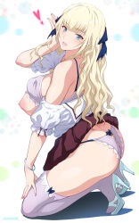 Rule 34 | 1girl, ass, bare shoulders, blonde hair, blue bow, blue eyes, bow, bracelet, breasts, breasts out, butt crack, clothes lift, frilled panties, frilled sleeves, frills, gyaru, hair between eyes, hair ribbon, hand on own thigh, heart, high heels, highres, jewelry, joy ride, kneeling, kogal, large breasts, looking at viewer, makeup, mascara, nail polish, nipples, original, panties, pink lips, purple panties, purple thighhighs, revealing clothes, ribbon, ribbon trim, school uniform, shirt lift, skirt, skirt lift, solo, thick thighs, thighhighs, thighs, underwear