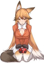 Rule 34 | 10s, 1girl, animal ears, bow, bowtie, breasts, brown eyes, brown hair, cleavage, ezo red fox (kemono friends), fox ears, fox tail, full body, k jin, kemono friends, large breasts, long hair, looking at viewer, open mouth, seiza, sitting, solo, tail, very long hair