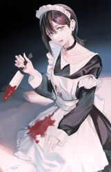Rule 34 | 1girl, apron, black choker, black hair, blood, blood on clothes, bloody knife, chainsaw man, choker, hair ornament, hairclip, higashiyama kobeni, highres, holding, holding knife, knife, looking at viewer, maid, maid apron, maid headdress, mole, mole under eye, mole under mouth, multiple moles, off shoulder, open mouth, seies ss, short hair, short ponytail, signature, single sidelock, solo