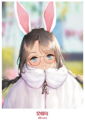 Rule 34 | 1girl, absurdres, animal ears, artist name, bigxixi, black-framed eyewear, black hair, blue eyes, blurry, blurry background, braid, cloak, closed mouth, commentary request, depth of field, fur-trimmed cloak, fur trim, glasses, highres, long hair, looking at viewer, original, parted bangs, rabbit ears, smile, solo, twin braids, upper body, white cloak