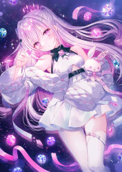 Rule 34 | 1girl, asymmetrical legwear, breasts, commentary request, dress, hair between eyes, hand up, heart, highres, hoju rura, holding, indie virtual youtuber, long hair, long sleeves, looking at viewer, medium breasts, multicolored hair, hugging object, pantyhose, parted lips, pink hair, purple eyes, purple hair, single leg pantyhose, single thighhigh, sleeveless, sleeveless dress, sleeves past fingers, sleeves past wrists, solo, stuffed animal, stuffed rabbit, stuffed toy, thighhighs, two-tone hair, two side up, very long hair, virtual youtuber, wasabi (sekai), white dress, white pantyhose, white thighhighs
