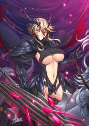 Rule 34 | adsouto, armor, artoria pendragon (fate), artoria pendragon (lancer alter) (fate), ass, blonde hair, breasts, clenched hand, closed mouth, facing viewer, fate/grand order, fate (series), highres, large breasts, midriff, navel, serious, shoulder armor, solo, spiked knuckles, yellow eyes