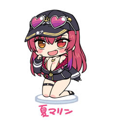 Rule 34 | 1girl, baseball cap, bikini, black hat, blush, breasts, chan co, chibi, cleavage, eyewear on head, fang, full body, hat, heart, heart-shaped eyewear, heart necklace, heterochromia, hololive, houshou marine, houshou marine (summer), jacket, jewelry, large breasts, long hair, long sleeves, looking at viewer, necklace, o-ring, o-ring thigh strap, open mouth, red bikini, red eyes, red hair, simple background, smile, solo, sunglasses, swimsuit, thigh strap, virtual youtuber, white background, yellow eyes