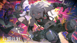 Rule 34 | 2boys, abs, action, asymmetrical gloves, bandaged arm, bandages, belt, black gloves, black shirt, blue eyes, blue hair, bomb, boots, bow (weapon), chinese commentary, coat, commentary request, copyright name, crossbow, explosive, fingerless gloves, fur-trimmed coat, fur trim, girls&#039; frontline, girls&#039; frontline neural cloud, gloves, goggles, goggles around neck, grenade, headset, highres, hood, hood down, hooded coat, knee pads, male focus, midriff, mismatched gloves, multiple boys, octogen (neural cloud), open mouth, pants, red eyes, screwdriver, shirt, shishio (shishio5431), short hair, shorts, simo (neural cloud), sleeveless, sleeveless shirt, smile, snowboard, weapon, white coat, white hair