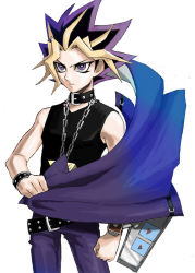 Rule 34 | 1boy, cape, collar, duel disk, male focus, muto yugi, simple background, solo, spiked hair, white background, yami yugi, yu-gi-oh!, yu-gi-oh! duel monsters, yuu-gi-ou