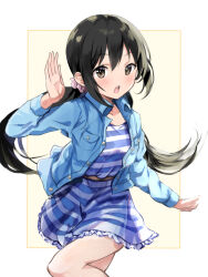 Rule 34 | 1girl, aisu (icicleshot), black hair, blue dress, blue jacket, blush, bow, breasts, brown bow, brown eyes, collarbone, cowboy shot, dress, frilled dress, frills, grid background, hair ornament, hair scrunchie, hand up, idolmaster, idolmaster cinderella girls, idolmaster cinderella girls starlight stage, jacket, karate, knee up, long hair, long sleeves, looking at viewer, low twintails, medium breasts, nakano yuka, open clothes, open hand, open jacket, open mouth, pink scrunchie, scrunchie, simple background, solo, standing, striped clothes, striped dress, teeth, twintails, upper teeth only, waist bow, yellow background