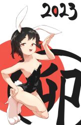 Rule 34 | 1girl, 2023, :3, animal ears, bare shoulders, black leotard, breasts, chinese zodiac, collarbone, commentary request, flag background, half-closed eyes, hand on own thigh, hand up, high heels, highres, japanese flag, kneeling, leotard, looking at viewer, medium hair, original, oversized breast cup, paw shoes, rabbit ears, rabbit tail, red background, red eyes, shima (temple is land), small breasts, solo, strapless, strapless leotard, tail, teeth, upper teeth only, white background, year of the rabbit