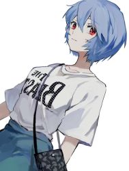 Rule 34 | 1girl, alternate costume, ayanami rei, backwards text, bag, blue hair, breasts, closed mouth, commentary, dango (uni 520), expressionless, hair between eyes, handbag, highres, looking at viewer, medium breasts, neon genesis evangelion, red eyes, short hair, simple background, small breasts, solo, the beatles