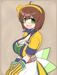 Rule 34 | 1girl, ahoge, apron, belt, blush, breasts, brown hair, choker, cleavage, collarbone, eyebrows, gloves, green eyes, hairband, katami shinta, large breasts, long nose plier (ole tower), looking at viewer, looking to the side, ole tower, open mouth, short hair, short sleeves, simple background, solo
