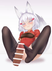 Rule 34 | 1girl, absurdres, animal ears, blush, chinese clothes, feet, footjob, highres, john zerowb, looking at viewer, medium hair, no panties, parted lips, phase connect, purple eyes, soles, tail, tenma maemi, thighhighs, toes, virtual youtuber, white hair