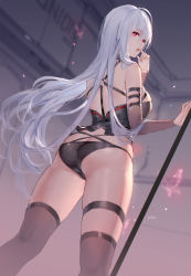 Rule 34 | 1girl, ass, bare shoulders, black panties, black thighhighs, closers, detached sleeves, from behind, highres, long hair, long sleeves, looking at viewer, looking back, mirae (closers), o-ring, open mouth, panties, purple eyes, solo, standing, swd3e2, thigh strap, thighhighs, thighs, underwear, white hair