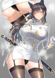 Rule 34 | 1girl, absurdres, animal ear fluff, animal ears, ass, atago (azur lane), azur lane, black hair, black panties, bow, breasts, buttons, comichipota, contrapposto, cowboy shot, dog ears, double-breasted, dress, extra ears, facing viewer, female focus, from behind, garter straps, gloves, gluteal fold, gradient background, grey background, hair bow, half-closed eyes, hand on own chest, highres, lace, lace panties, large breasts, leaning to the side, long hair, long sleeves, looking at viewer, military, military uniform, miniskirt, mole, mole under eye, multiple views, panties, pantyshot, pencil skirt, ribbon, scabbard, sheath, simple background, skirt, smile, solo focus, steaming body, taut clothes, thighhighs, thighs, underwear, uniform, white bow, white dress, white gloves, white ribbon, yellow eyes