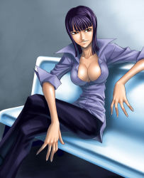 Rule 34 | 1girl, alabasta, black hair, breasts, brown eyes, cleavage, collarbone, collared shirt, fingernails, kagami hirotaka, long hair, nico robin, one piece, open clothes, open shirt, popped collar, purple shirt, shirt, sitting, sleeves rolled up, solo