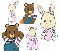 Rule 34 | 1980s (style), 1boy, 1girl, apron, arms behind back, bear, bobby (maple town), dress, furry, furry female, furry male, looking at viewer, maple town, oldschool, patty (maple town), rabbit, retro artstyle, shirt, smile