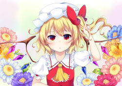 Rule 34 | 1girl, ascot, blonde hair, bow, flandre scarlet, flower, gradient background, hair bow, hand up, hat, highres, index finger raised, looking at viewer, miy@, mob cap, one side up, puffy short sleeves, puffy sleeves, red bow, red eyes, short sleeves, solo, touhou, twirling hair, upper body, vest, white hat, wings