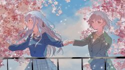 bang_dream! bang_dream!_it&#039;s_mygo!!!!! blazer blue_hair blue_shirt blush cherry_blossoms collared_shirt commentary dress_shirt falling_petals green_jacket grey_hair grey_neckerchief hair_between_eyes hashtag-only_commentary highres hokutou holding_hands jacket long_hair long_sleeves neck_ribbon neckerchief open_mouth outdoors petals plaid_clothes plaid_skirt pleated_skirt railing ribbon school_uniform shirt short_hair sidelocks skirt takamatsu_tomori togawa_sakiko tsukinomori_school_uniform twitter_username unmoving_pattern yellow_eyes yellow_ribbon