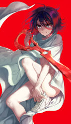 Rule 34 | &gt;:|, 10s, 1girl, :|, absurdres, ahoge, angry, bed sheet, cape, censored, closed mouth, convenient censoring, flipped hair, from side, highres, holding, holding weapon, isaki uta, kill la kill, knee up, legs, looking at viewer, matoi ryuuko, multicolored hair, naked sheet, no socks, purple eyes, purple hair, red background, red hair, scissor blade (kill la kill), shoes, short hair, sneakers, solo, spoilers, ta (isaki), two-tone hair, v-shaped eyebrows, weapon