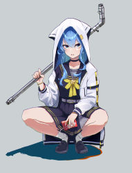 Rule 34 | 1girl, absurdres, armlet, belt, blue hair, bracelet, choker, coat, collarbone, delinquent, eyelashes, green eyes, grey background, highres, holding, hololive, hood, hooded coat, hoshimachi suisei, hoshimachi suisei (school uniform), jewelry, juice box, kasoku souchi, lead pipe, loafers, long hair, looking to the side, official alternate costume, over shoulder, parted lips, ring, school uniform, serafuku, shoes, sidelocks, simple background, skirt, solo, squatting, tsurime, virtual youtuber, weapon, weapon over shoulder, white coat