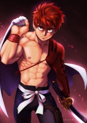 Rule 34 | 1boy, cape, closed mouth, commentary, emiya shirou, fate/grand order, fate (series), highres, holding, holding sword, holding weapon, igote, japanese clothes, male focus, mondoart, orange hair, red hair, senji muramasa (fate), short hair, sword, weapon, yellow eyes