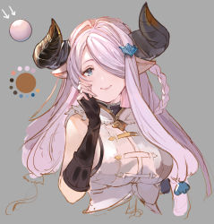 Rule 34 | 1girl, blue eyes, blush, breasts, color guide, draph, elbow gloves, fang, gloves, granblue fantasy, grey background, hair ornament, hair over one eye, horns, large breasts, light purple hair, long hair, narmaya (granblue fantasy), niii, partially colored, pointy ears, sleeveless, smile, solo, upper body