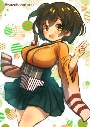 Rule 34 | 10s, 1girl, age difference, age regression, aged down, blush, brown eyes, brown hair, fingerless gloves, gloves, hiryuu (kancolle), japanese clothes, kantai collection, long sleeves, no legwear, open mouth, pleated skirt, short hair, simple background, skirt, solo, suzuho hotaru, twitter username, v, wide sleeves