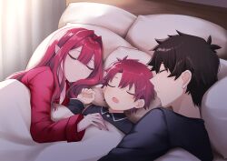 Rule 34 | 1girl, 2boys, bed sheet, black hair, black pajamas, closed eyes, closed mouth, commentary request, commission, baobhan sith (fate), fate/grand order, fate (series), father and son, fujimaru ritsuka (male), hair between eyes, hair intakes, highres, ichi kq, if they mated, indoors, long hair, long sleeves, lying, mother and son, multiple boys, on bed, open mouth, pajamas, pillow, pixiv commission, pointy ears, profile, red hair, red pajamas, short hair, sleeping, straight hair
