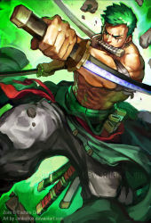 Rule 34 | 1boy, abs, armband, baggy pants, clothes around waist, earrings, fighting stance, green hair, jewelry, jimbobox, male focus, manly, mouth hold, muscular, one eye closed, one piece, pants, reverse grip, roronoa zoro, scabbard, scar, scar across eye, scar on face, sheath, short hair, solo, stitches, topless male, triple wielding, watermark