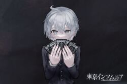 Rule 34 | 1boy, ahoge, black jacket, card, character request, commentary request, copyright request, grey eyes, grey hair, hair between eyes, hands up, holding, holding card, jacket, long sleeves, looking at viewer, male focus, playing card, seno losa, short hair, simple background, solo, straight-on, translation request, upper body, virtual youtuber